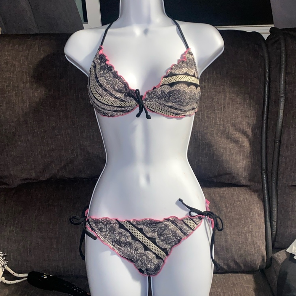 Mermaid bra aztec pink swimsuit bikini top M Ruched bikini bottom size S
